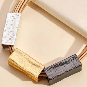 SQUARE CONSTRUCTION TUBES TRI TONE ON FAUX LEATHER CORDS NECKLACE 46